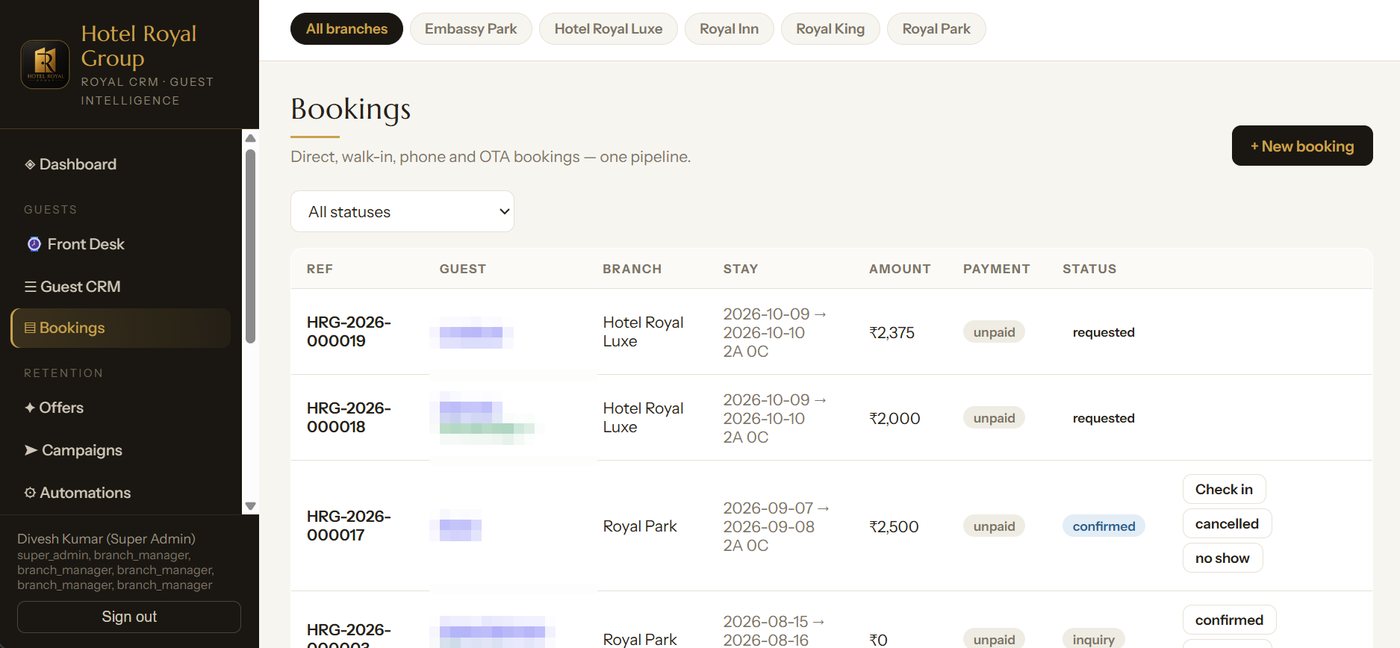 Royal CRM: One booking pipeline