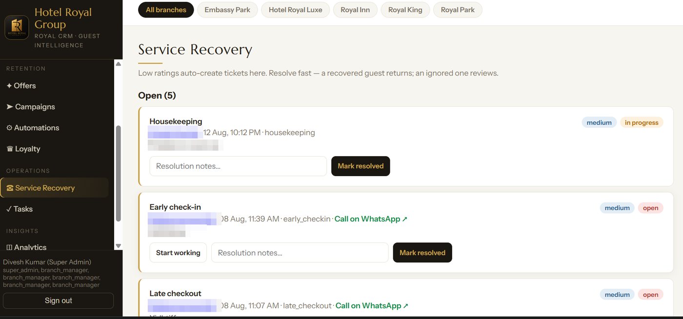 Royal CRM: Service recovery tickets